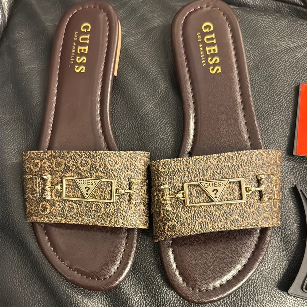 Guess Leopard Print Slide Sandals with Gold Detail